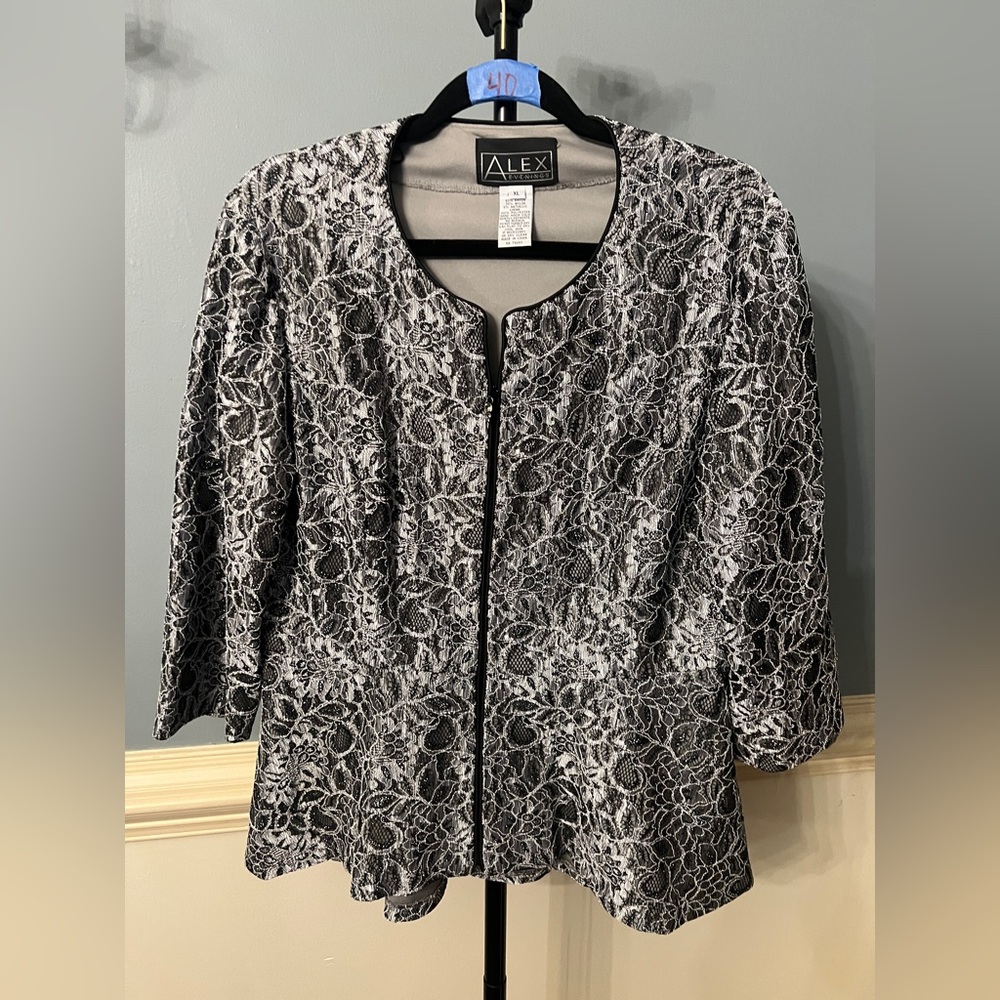 Alex Evenings Black and Silver Lace Jacket zippered wedding formal XL‎